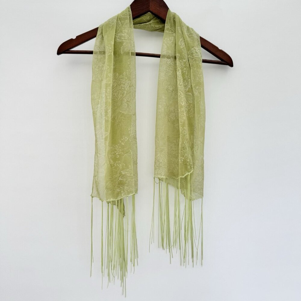 Light Green Sheer Scarf With Butterflies, Fringes‎ And Glitter